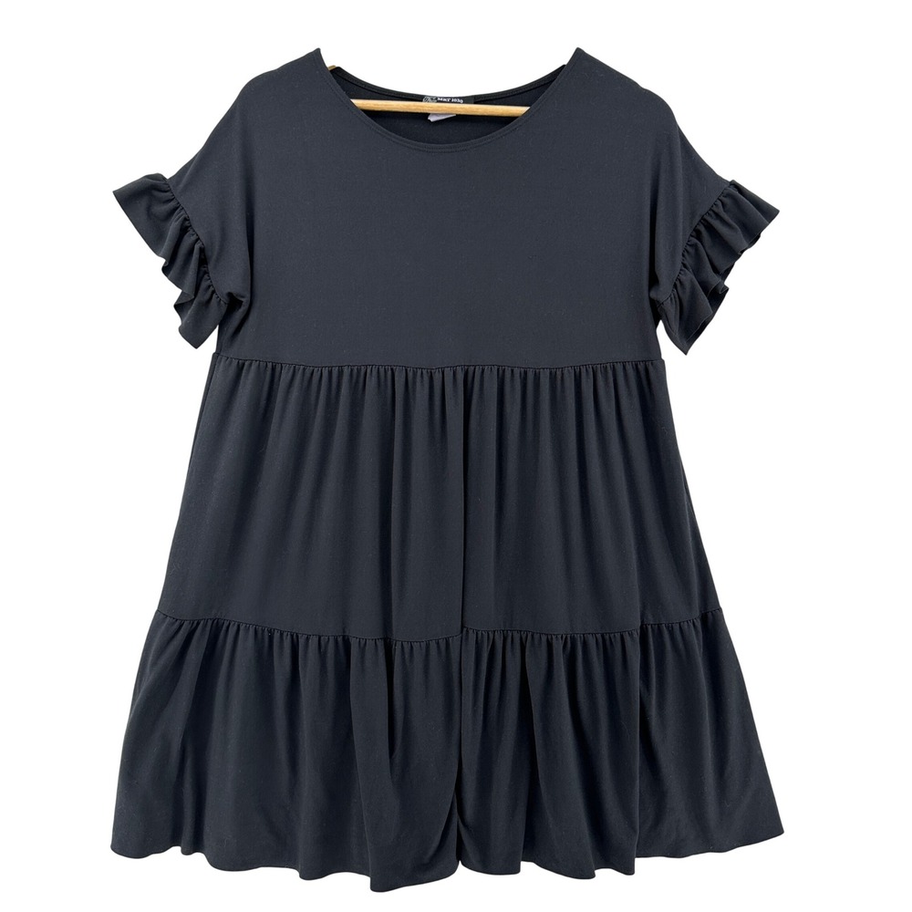 MRT 1030 Womens Black Ruffle Sleeve Tiered Babydoll Dress Short Sleeve SZ M 90s